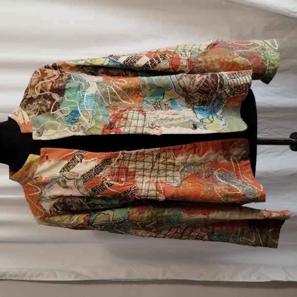 Chico's mandarin button front tapestry patchwork cotton loose fitting jacket top - Picture 3 of 10